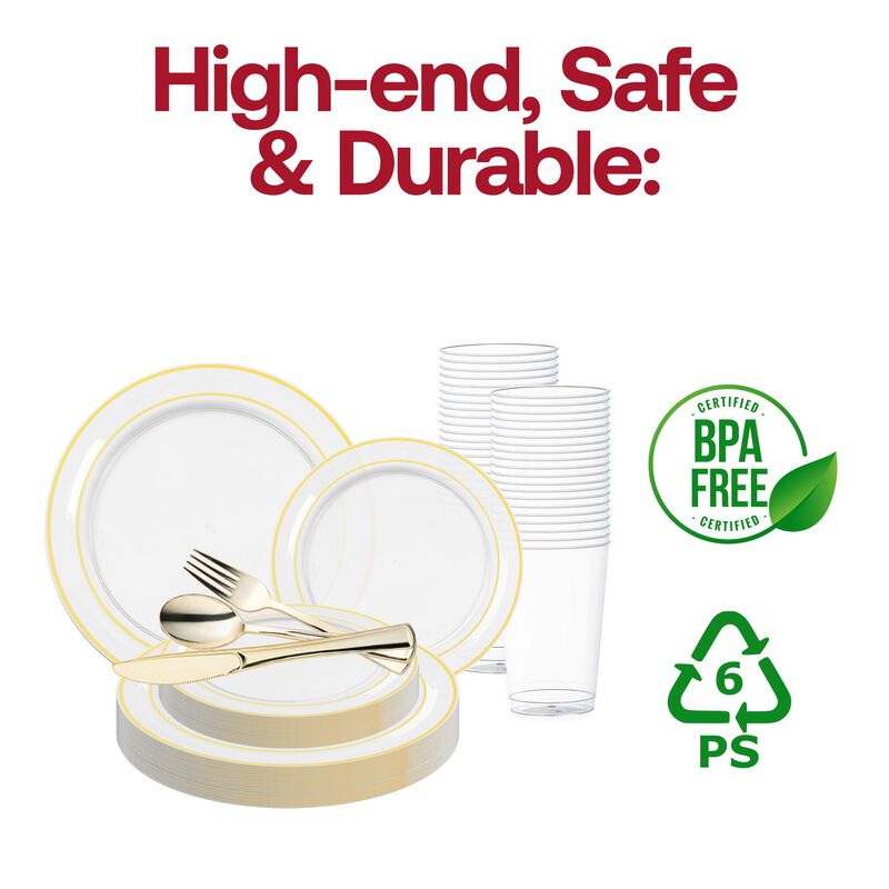Clear with Gold Edge Rim Plastic Wedding Value Set (30 Sets) image number 4