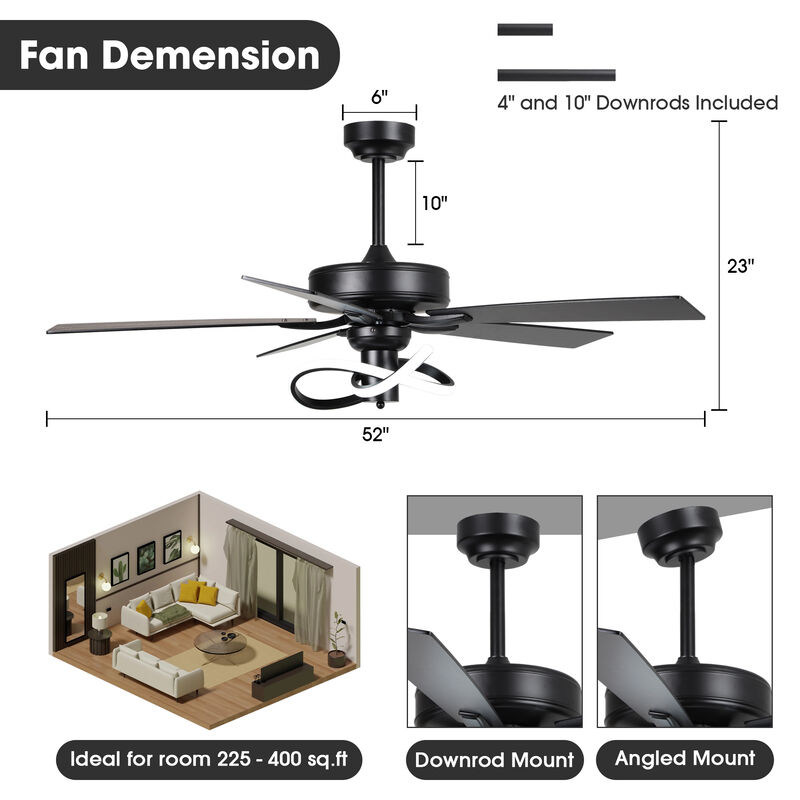 52-Inch Modern Black Integrated LED Ceiling Fan with Light and Remote Control