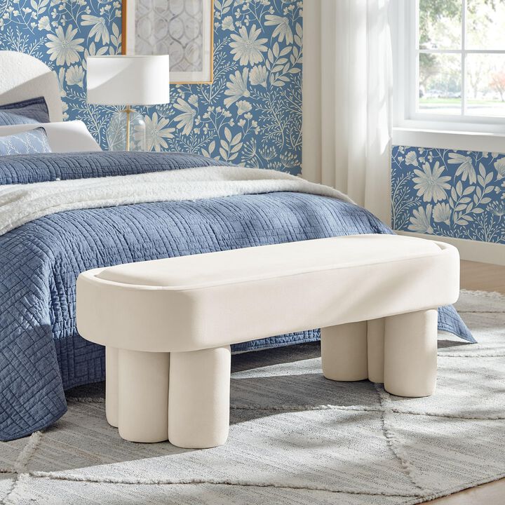 Modway Mossi 52-Inch Modern Oval Performance Velvet Bench in Alabster &ndash; Upholstered Accent Bench with Cylindrical Clover-Leg Base for Bedroom, Entryway, or Living Room