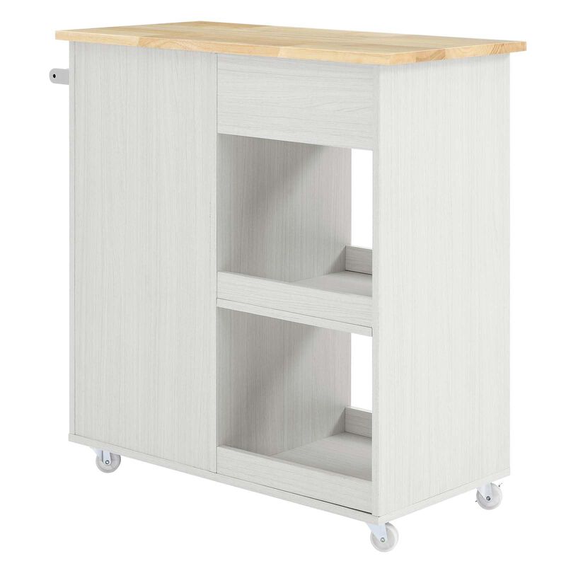 Modway Culinary Rolling Kitchen Cart with Storage in White Natural - 3 Tiers Kitchen Island on Wheels with Towel Bar, Functional as a Coffee Station, Bar Cabinet or Butcher Block Island image number 2