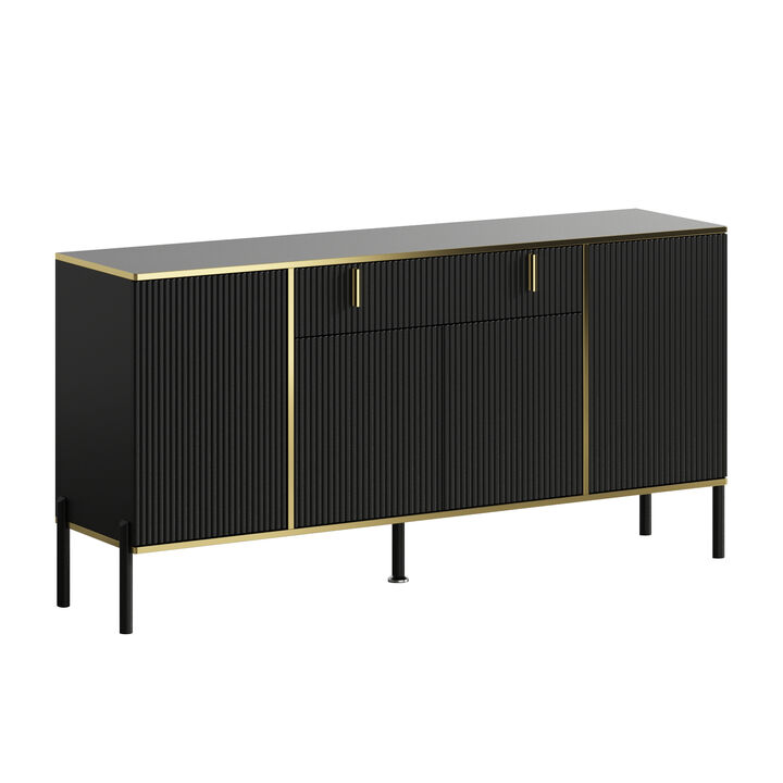 Black Wavy Paint Finish Floor-Standing Sideboard Cupboard with 4-Doors 2-Drawers Adjustable Shelves