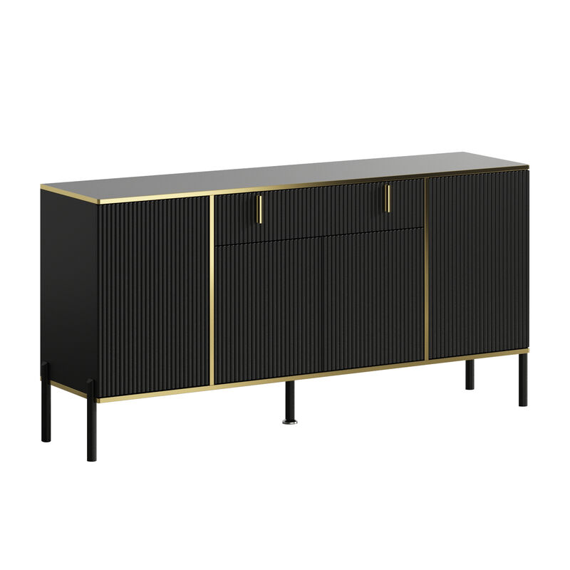 Black Wavy Paint Finish Floor-Standing Sideboard Cupboard with 4-Doors 2-Drawers Adjustable Shelves