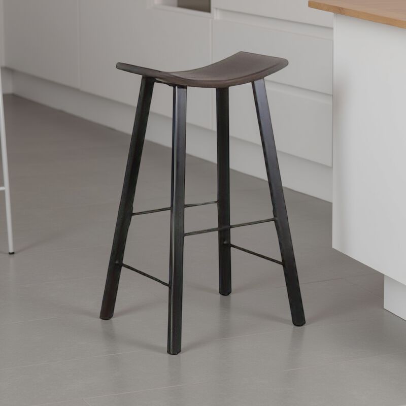 Zayle Barstool Set of 2, Black Angled Legs, Dark Brown Wood, 30 Inch - Benzara