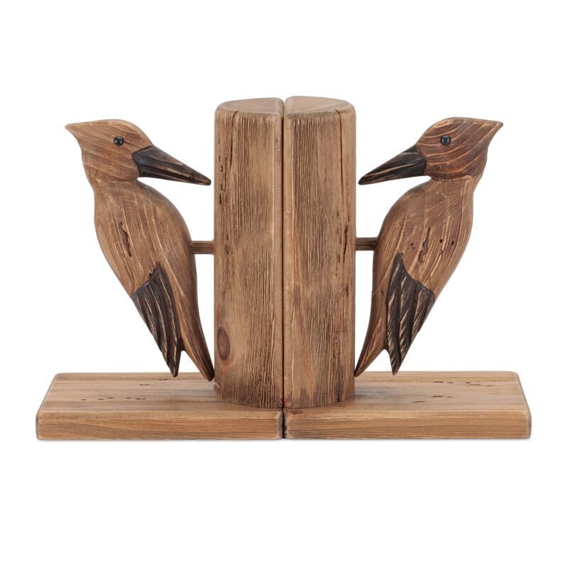 Set of 2 Pine Wood Woodpecker Bookends for Rustic Bookshelf or Desk Decor