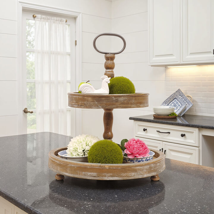 Decorative Wood 2‑Tier Tray Round Serving and Display Stand, Natural Finish