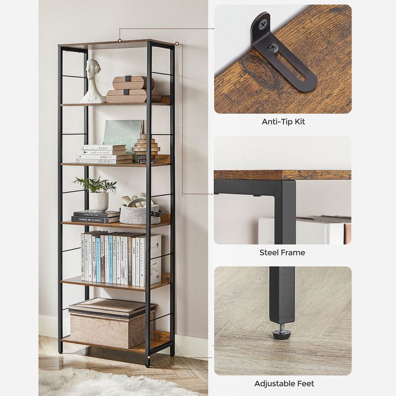 6-Tier Industrial Bookshelf with Metal Frame for Modern Home Storage