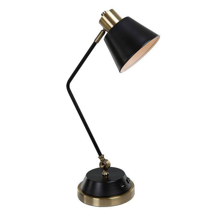 23 Inch Desk Lamp, Adjustable Arm, USB Port, Antique Brass and Black Metal  - Benzara