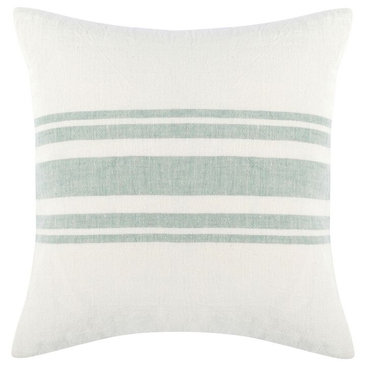 22 Inch Square Linen Accent Throw Pillow, Stripe Design, Eucalyptus, White - Benzara