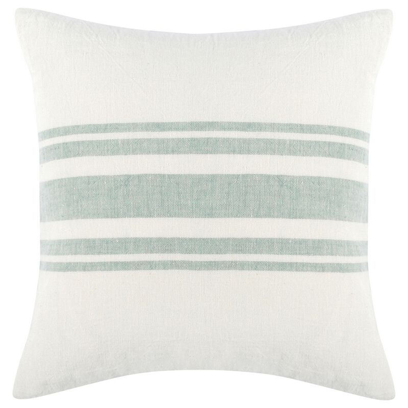 22 Inch Square Linen Accent Throw Pillow, Stripe Design, Eucalyptus, White - Benzara