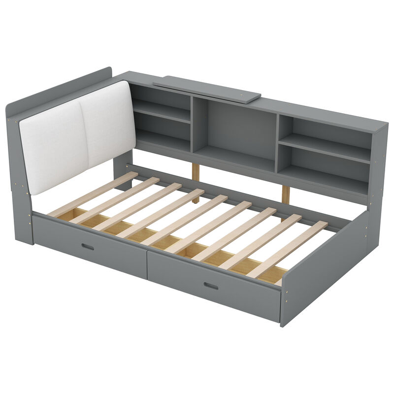 Whisen Wood platform bed with Storage Headboard, Shelves and 2 Drawers