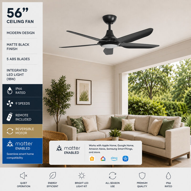 ENLIGHT 56" Smart DC Ceiling Fan with Light, IP66 Outdoor/Coastal Rated, Matter Smart Home Integration, 5 Blades image number 1