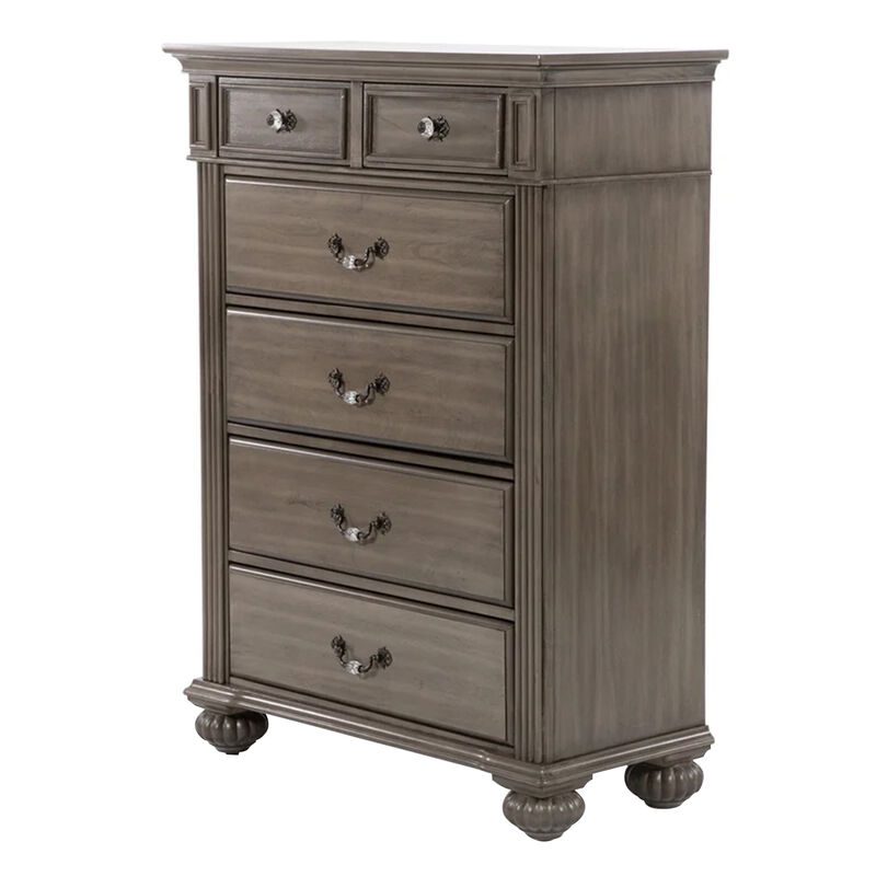 Recus Tall Dresser Chest, 6 Drawers w Brass Handles, Gray Solid Wood