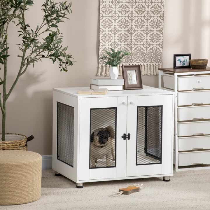 Dog Crate Furniture with Water-resistant Cushion, Dog Crate End Table with Double Doors, Indoor Pet Crate for Small Medium Dogs, White
