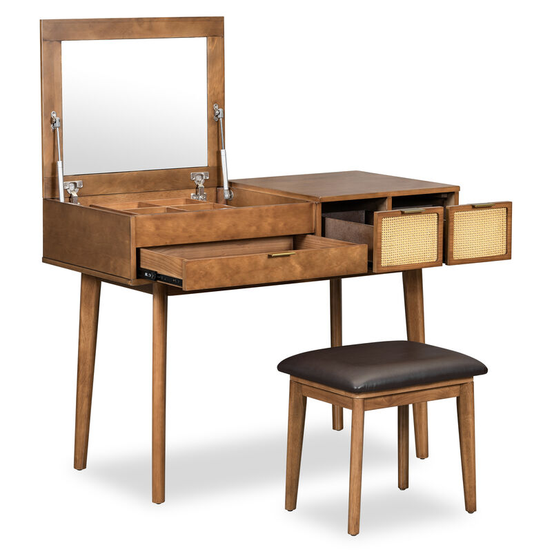 Wooden Dressing Table with Flip-Up Mirror, Stool & 3 Storage Drawers