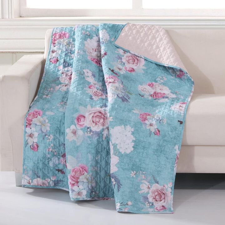 Greenland Home Fashions Barefoot Bungalow Avril Floral Patterns and Digitally Printed Throw Blanket - 50x60", Turquoise Blue
