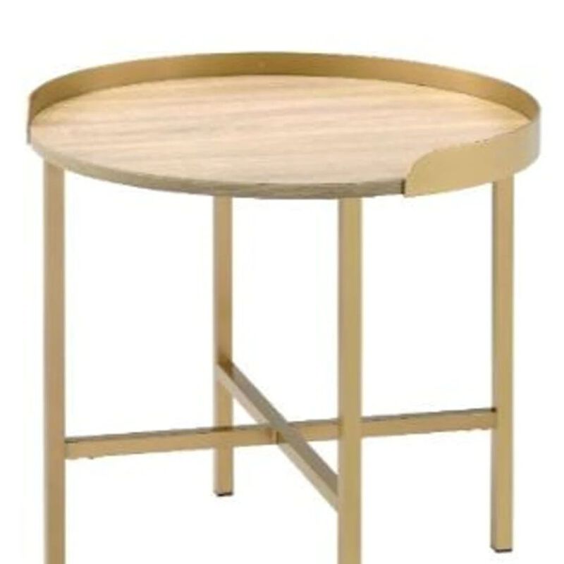 Homezia 22" Gold And Oak Manufactured Wood And Metal Round End Table