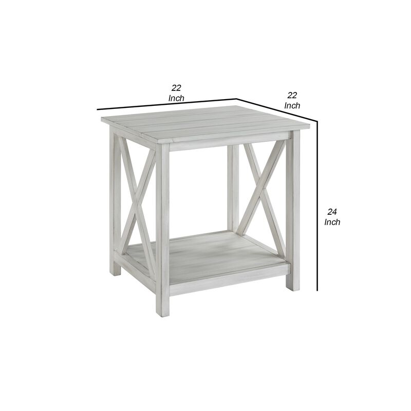 1 Open Shelf Wooden End Table with X Shaped Accents, White