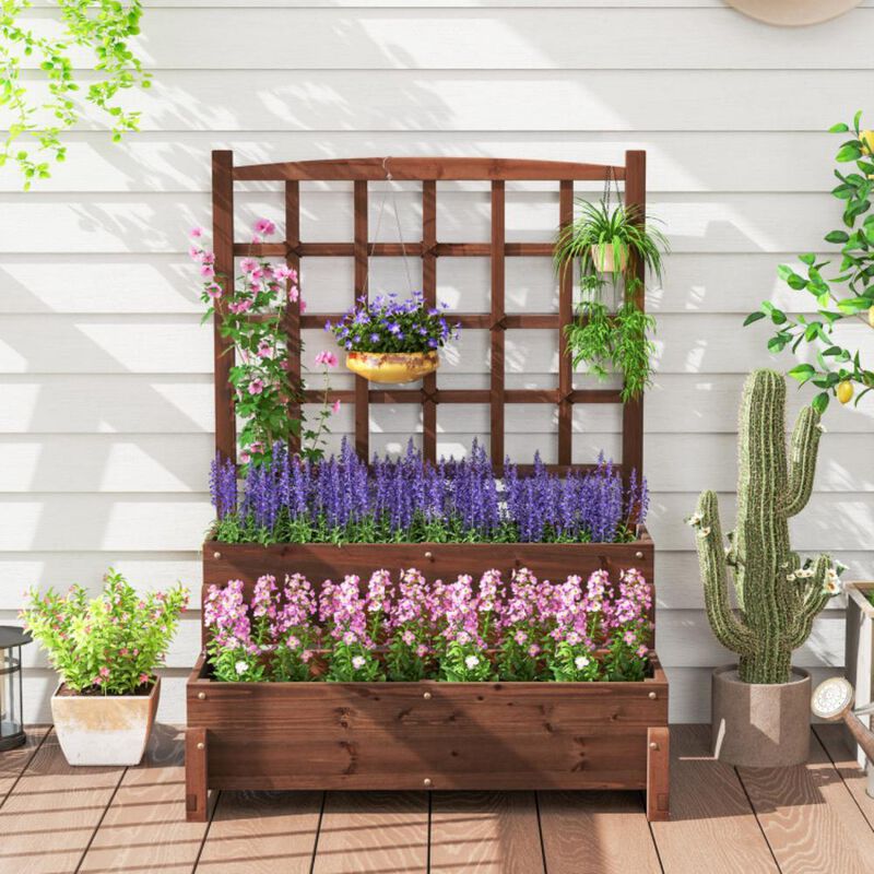 Hivvago Raised Garden Bed with Trellis 2-tier Wood Planter Box with Drainage Holes