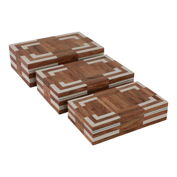 S/3 10/11/12" Wood Inlay Boxes, Natural/ivory