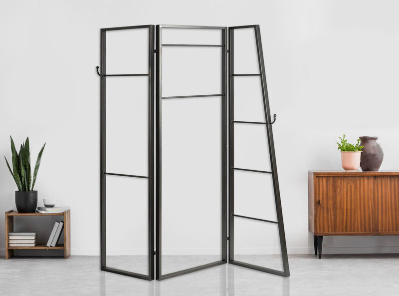 Modern Style 3 Panel Metal Screen with Hooks and Rod Hangings, Black-Benzara