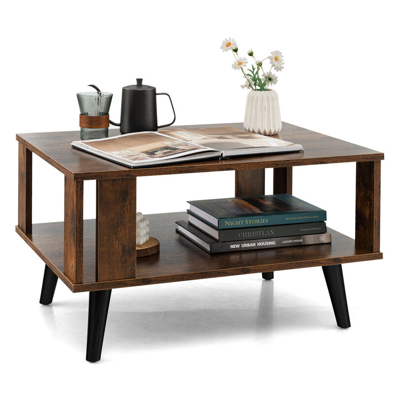 Compact Retro Mid-Century Coffee Table with Storage Open Shelf-Rustic Brown