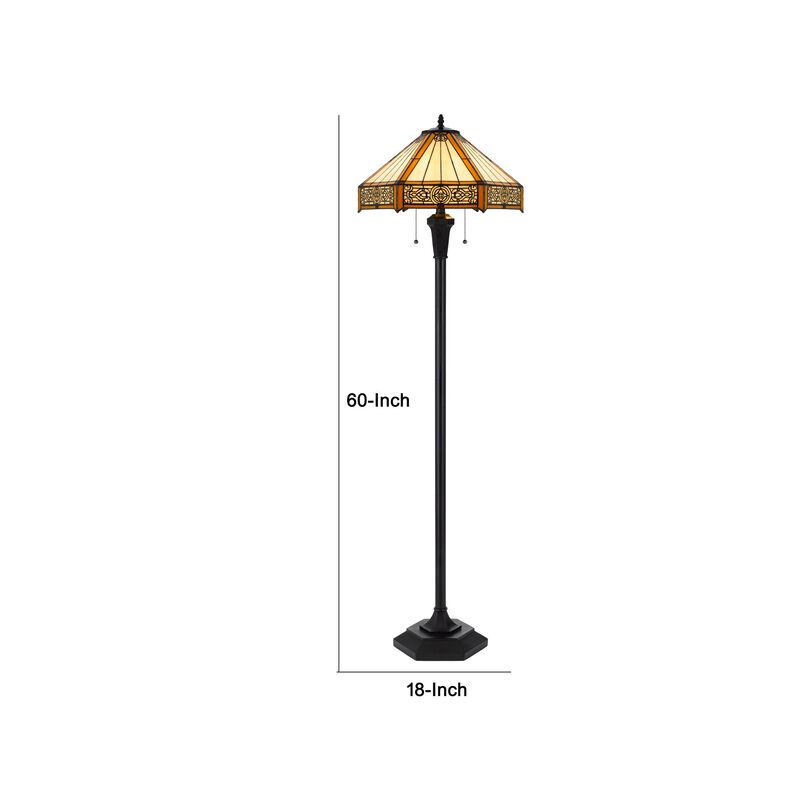Eli 60 Inch Floor Lamp, Hexagonal Tiffany Style Shade, Dual Light, Bronze - Benzara