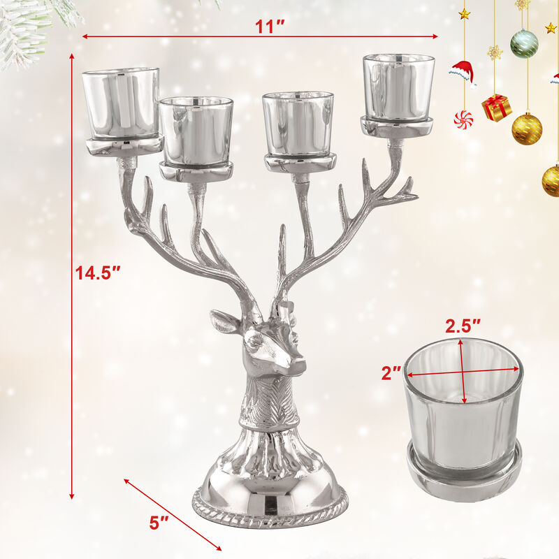 Reindeer Candle Holder Christmas Ornament for 4 Candles Aluminum Decoration-Silver