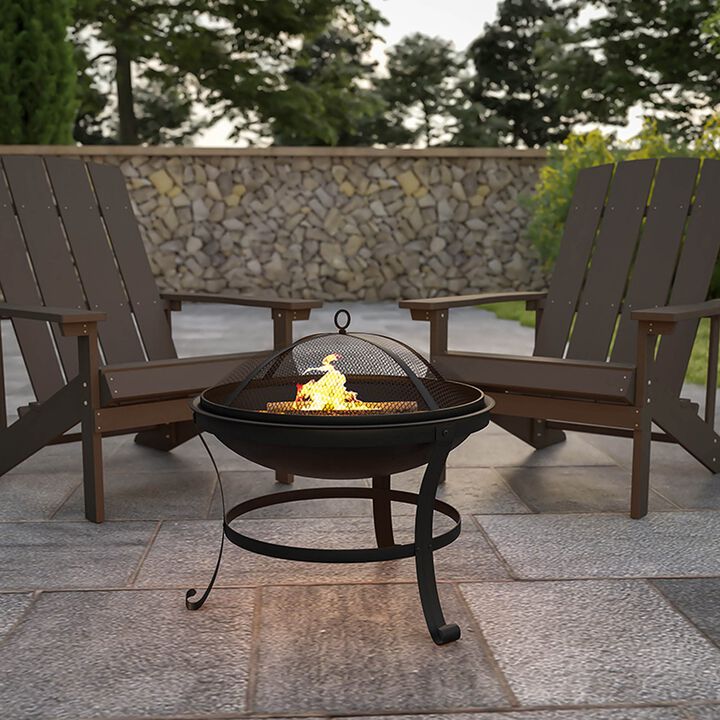Flash Furniture Chelton 22" Round Wood Burning Firepit with Mesh Spark Screen and Poker , Black