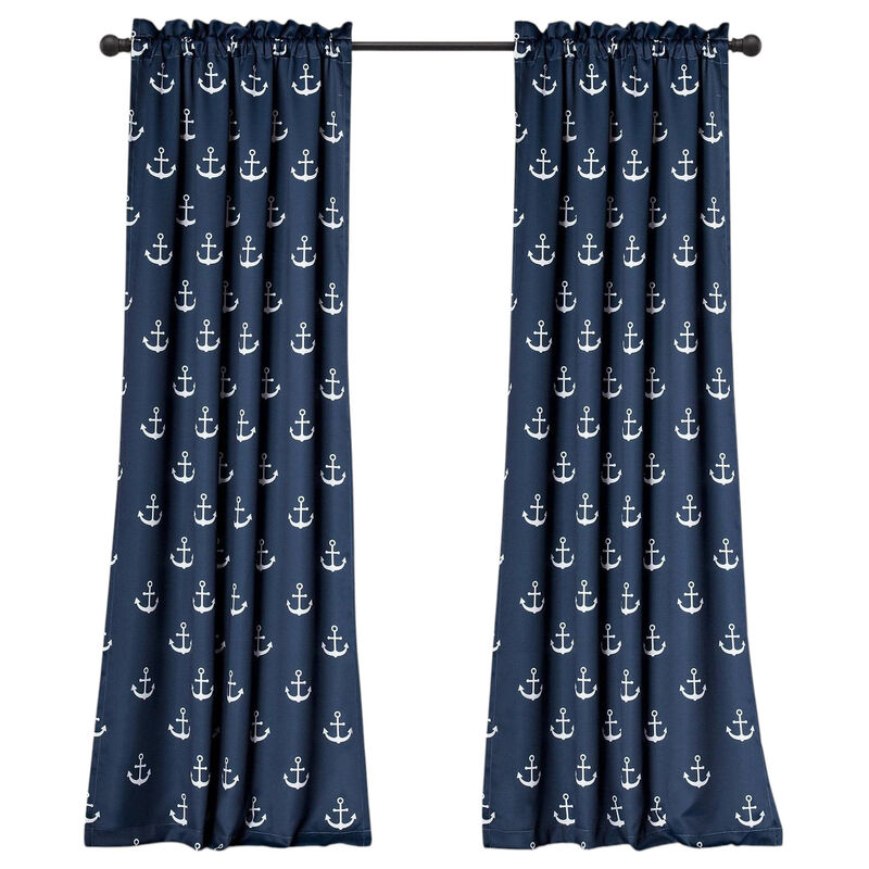Nautical Anchor Print 2-Piece Window Curtains – Light Filtering Coastal Drapes
