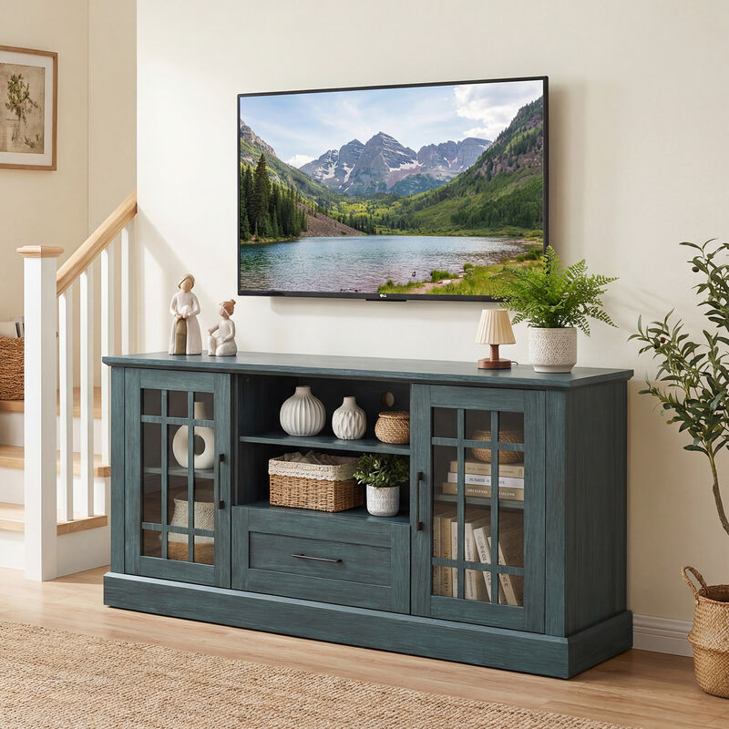 TV Console Stand with Glass Doors, Cubbies, and Storage Drawer image number 3