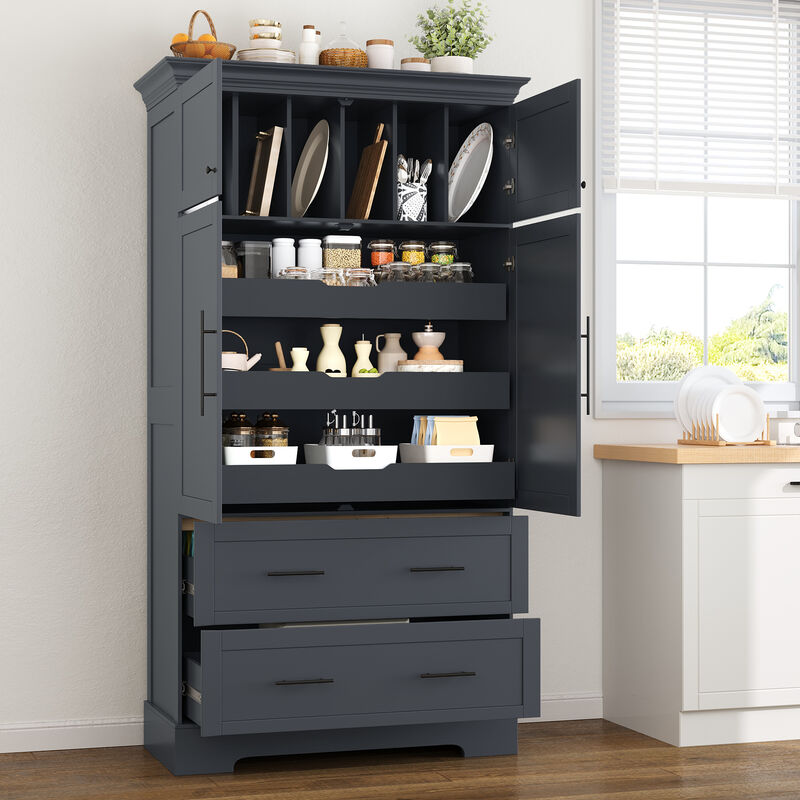 Merax 72.6" Shaker Style Kitchen Pantry - 4-Door 3 Pull-Out Tray Multi-Functional Storage Cabinet image number 2
