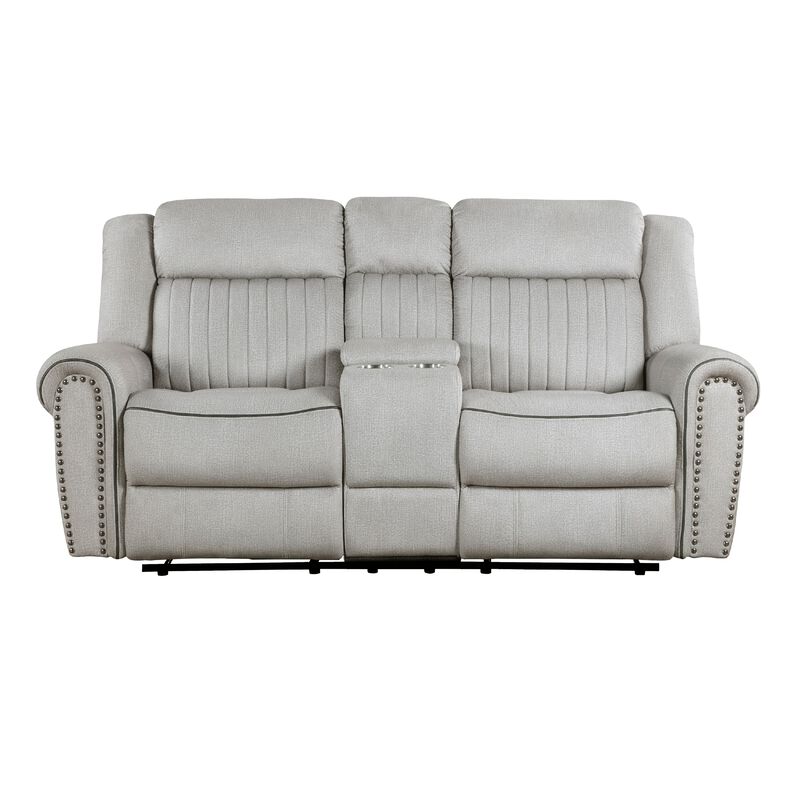 Ben Manual Reclining Loveseat, 76 Inch, Gray Microfiber, Nailhead Trim - Benzara