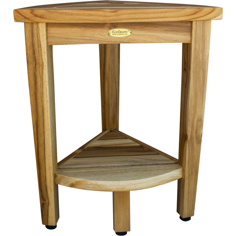 EcoDecors SnazzyCorner 18"H Teak Wood Curved Corner Shower Bench with Shelf in EarthyTeak Finish