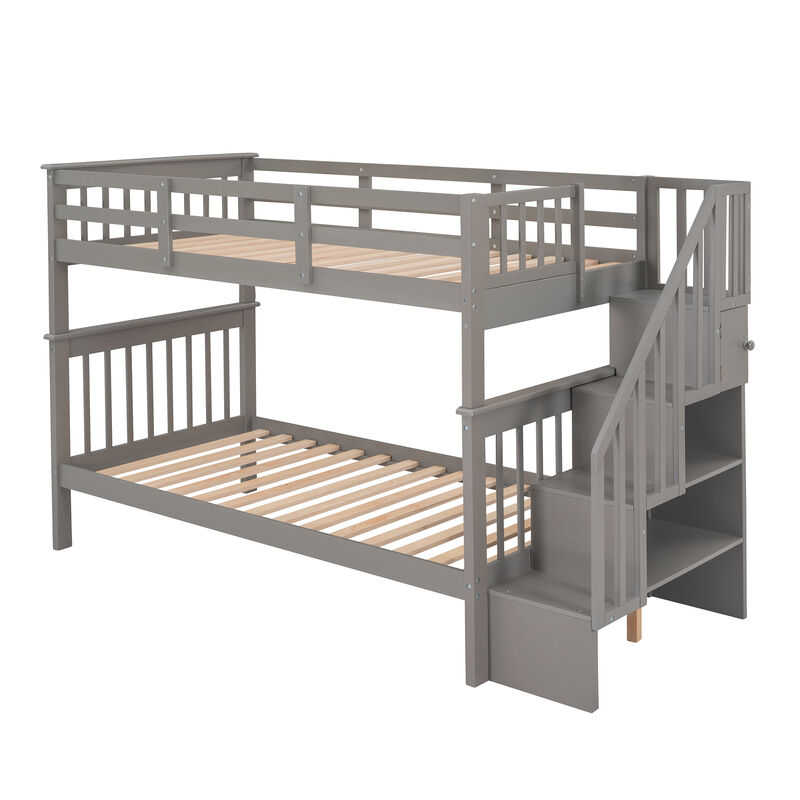 Whisen Stairway Twin-Over-Twin Bunk Bed with Storage and Guard Rail for Bedroom, Dorm- Grey