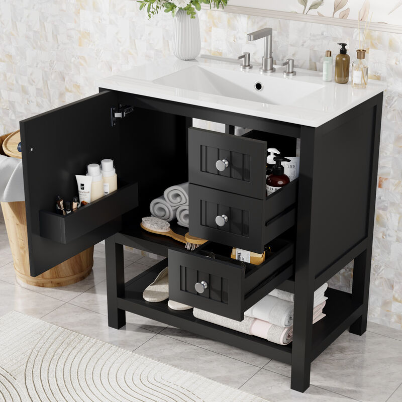 Whisen 36 in. Bathroom Storage Cabinet Bathroom Vanity with Ceramic Sink, Soft Close Door and 3 Drawers