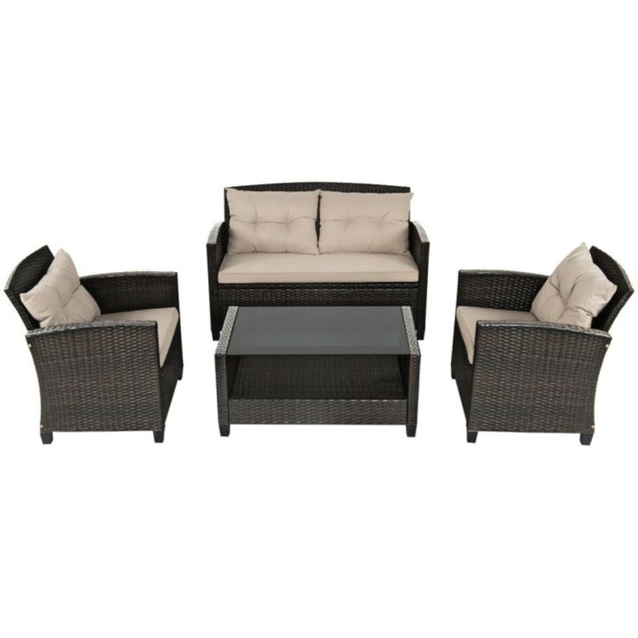 Hivvago 4 Pieces Outdoor Rattan Furniture Set with Glass Table