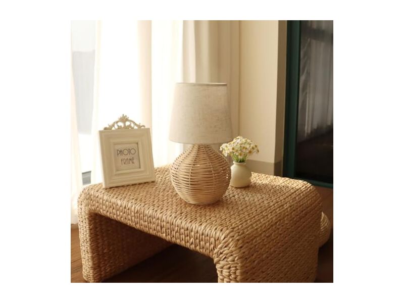 LED Farmhouse Boho Rattan Linen Table Lamp For Bedroom Living Room image number 3