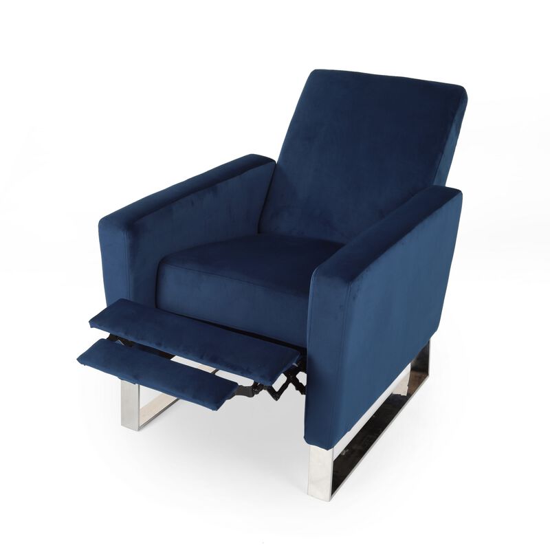 Reki Recliner Chair, Manual Push Back, Stainless Steel, Blue Velvet - Benzara