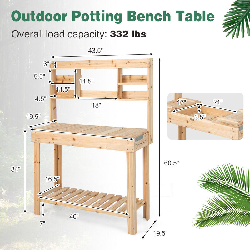 Large Garden Potting Bench Table with Display Rack and Hidden Sink