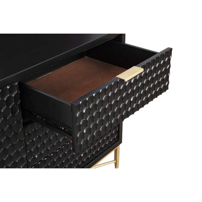 Rexi 64 Inch TV Media Entertainment Center Console, 3 Drawers, Black, Gold - Benzara