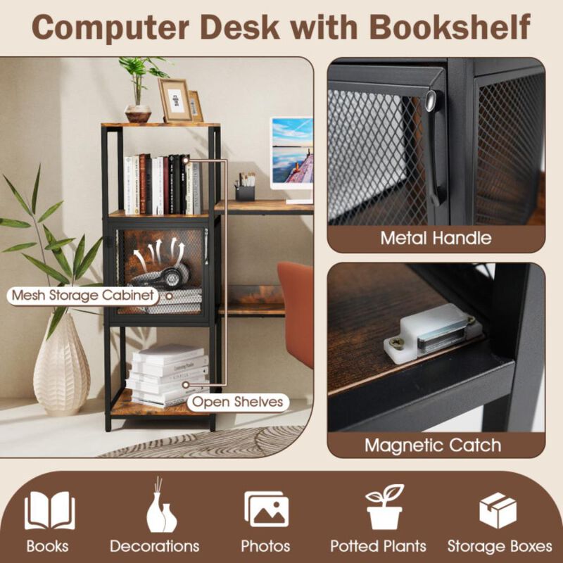 Hivvago Computer Desk with Bookshelf Home Office Desk with Storage Cabinet and Shelves-Rustic Brown