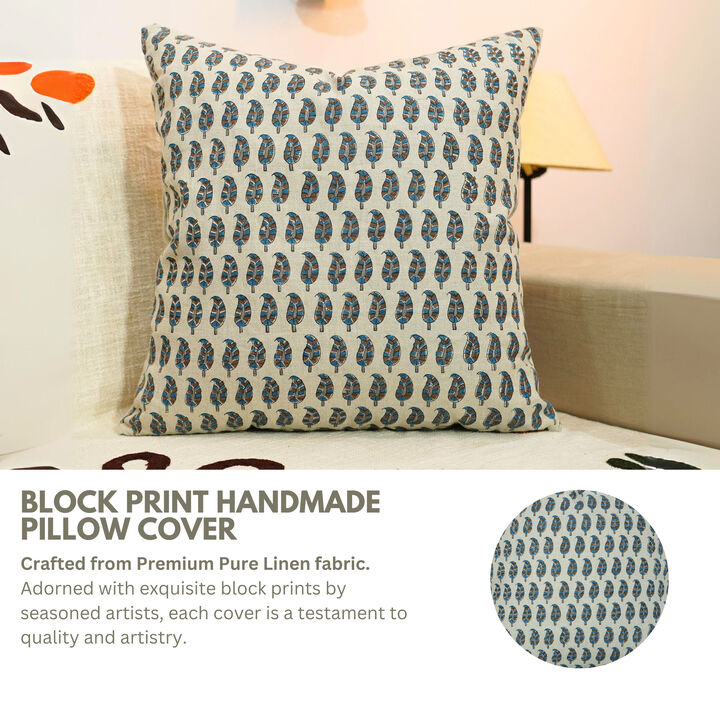 Fabdivine Handmade Linen Block Print Square Paisley Print Cushion Cover Rustic Farmhouse Style Brown Fall D&eacute;cor, Lil Paisley