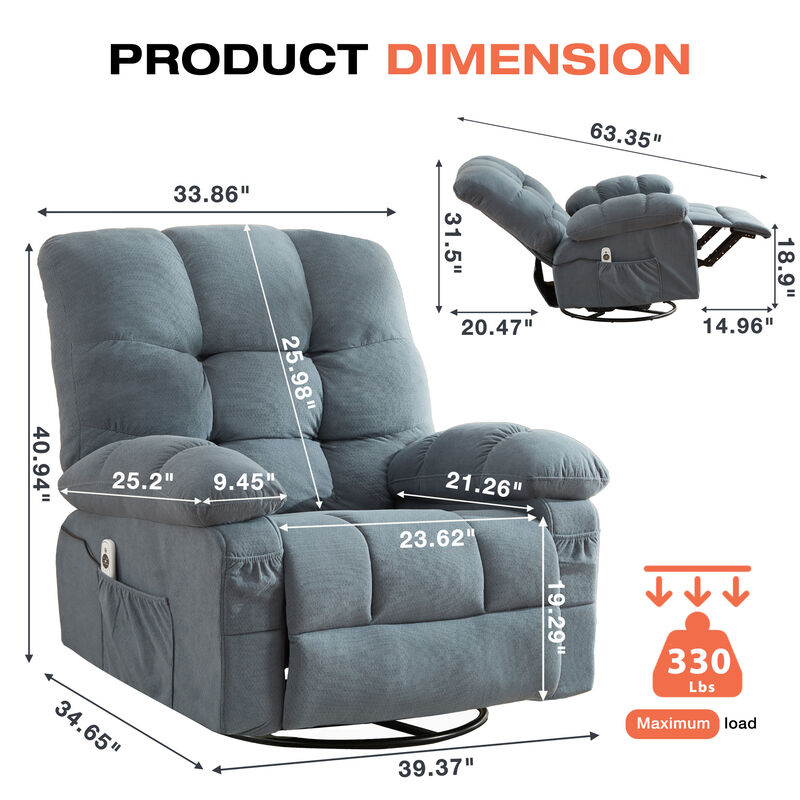 Fabric Swivel Manual Recliner with Massage and USB Port