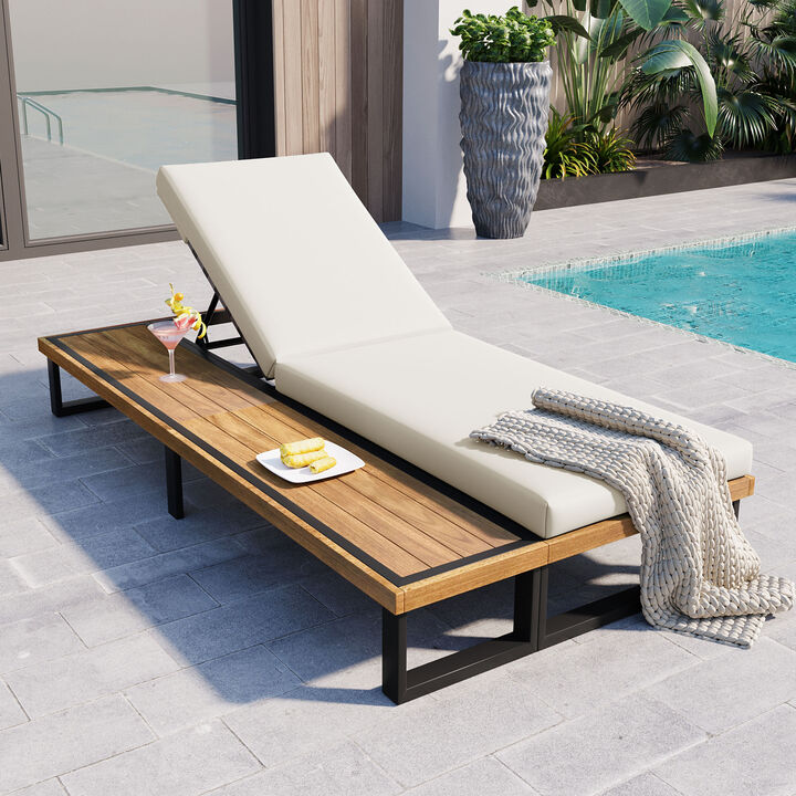 Whisen Outdoor Chaise Lounge Chair with with 5-Position Adjustable Backrest, Recliner with Cushion and Side Table