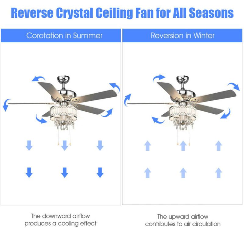 Crystal Ceiling Fan Lamp with 5 Reversible Blades