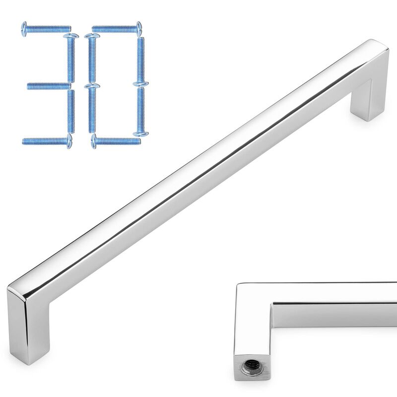 KOOFIZO 30-Pack Solid Square Bar Cabinet Handle - Chrome Furniture Pull, 6.3 Inch/160mm Screwhole Distance for Kitchen Cupboard