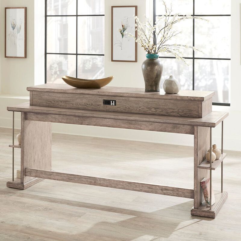 Liberty Furniture City Scape Metal Accent Oak Wood Console Bar Table for Living Room, Beige image number 8