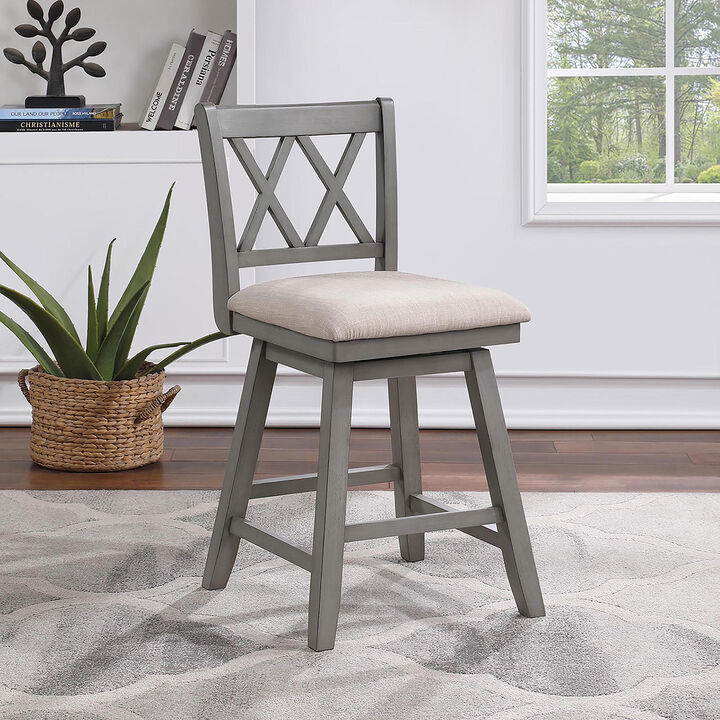 Brookline 37.5 in. Gray High Back Wood Swivel Bar Stool with Fabric Seat