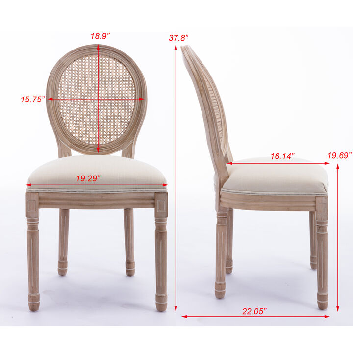 French Style Solid Wood Frame Antique Painting Linen Fabric Rattan Back Dining Chair, Set of 2,Cream