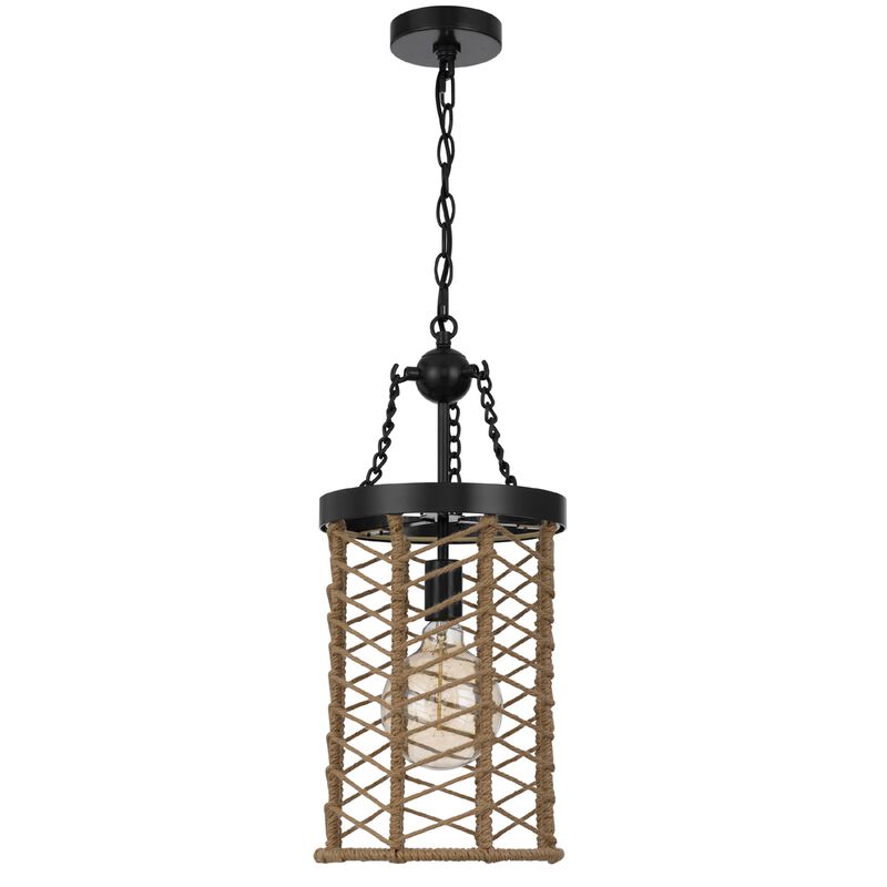 Pendant Light, Cylindric Caged Body with Braided Burlap Rope, Black Metal image number 4